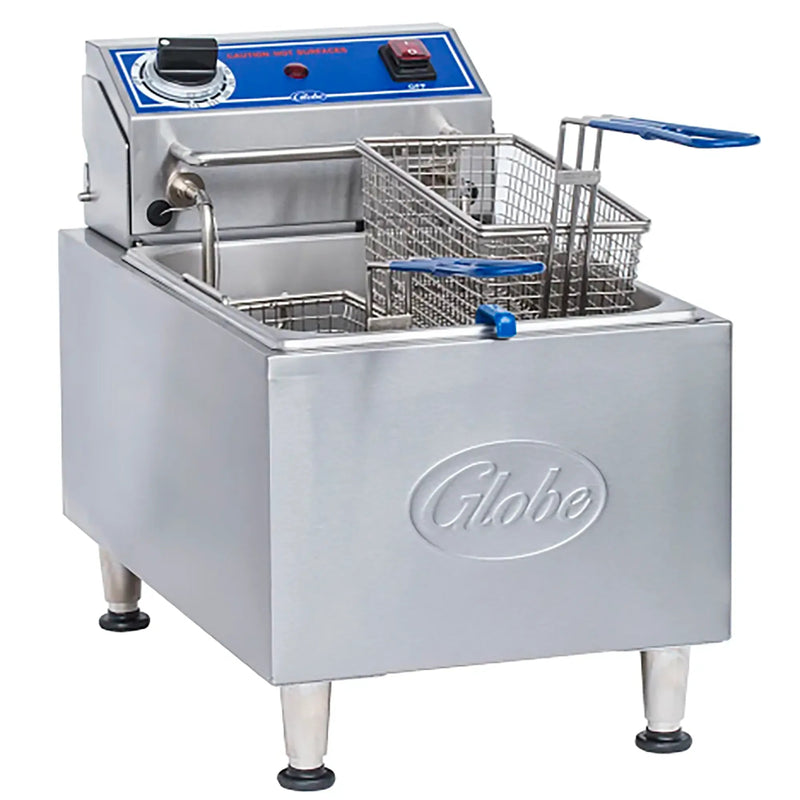 Globe PF10E-C 10 lb electric countertop single well deep fryer in stainless steel with fry basket, angled view