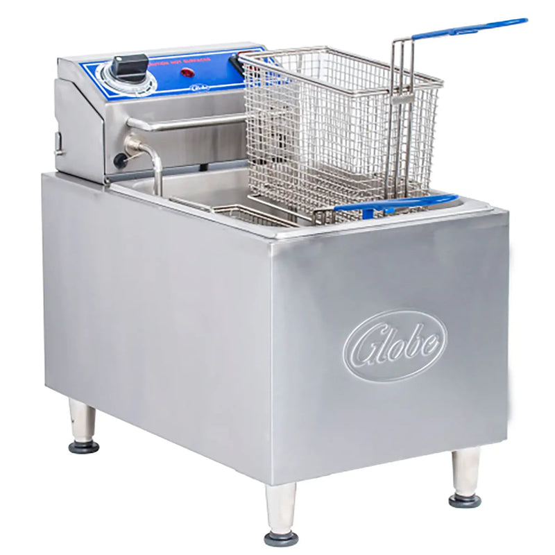 Globe PF16E-C 16 lb electric countertop single well deep fryer in stainless steel with basket hung, angled view