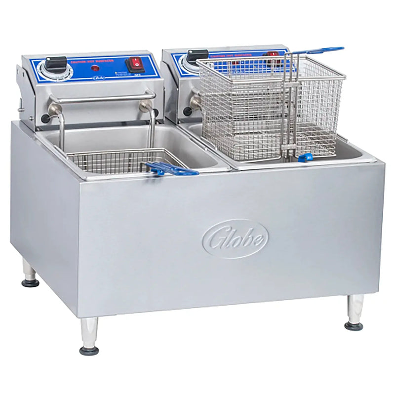 Globe PF32E-C 32 lb electric countertop double well deep fryer in stainless steel with baskets, angled view