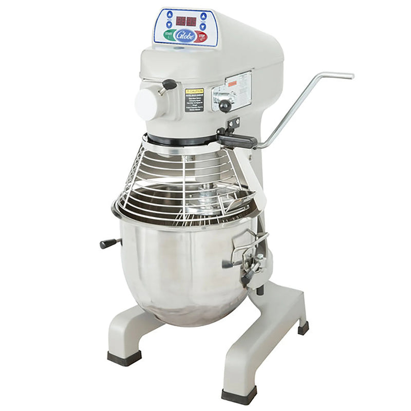 Globe SP20 20 qt light grey planetary mixer with stainless steel bowl and wire bowl guard, angled right view