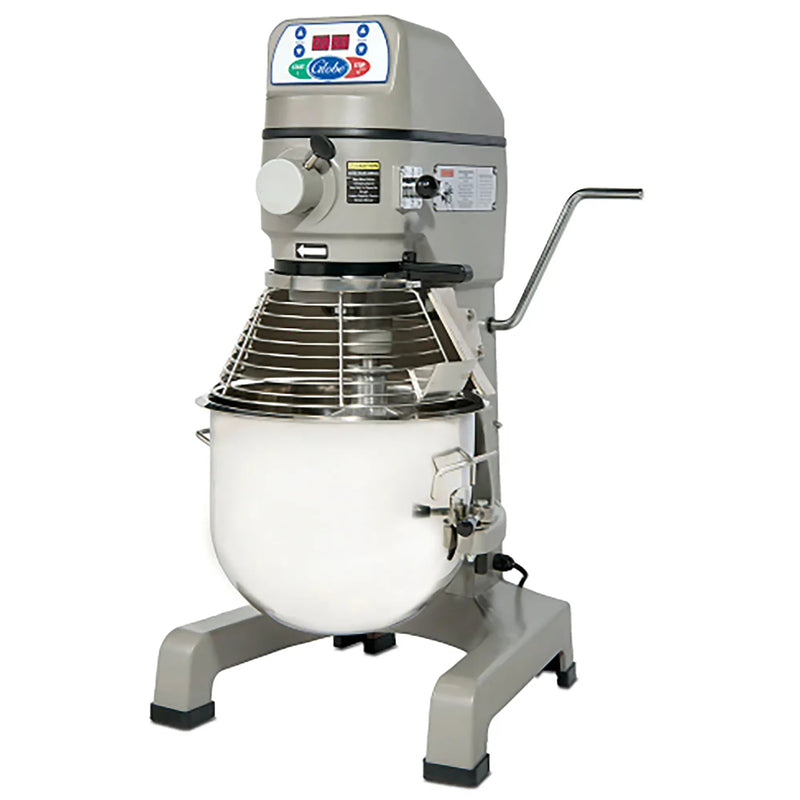 Globe SP25 25 qt grey planetary mixer with stainless steel bowl, wire guard and bowl lift handle, angled view