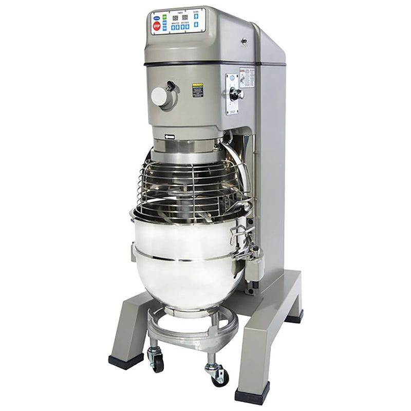 Globe SP62P 60 qt pizza model floor planetary mixer in grey with stainless steel bowl, guard and bowl dolly