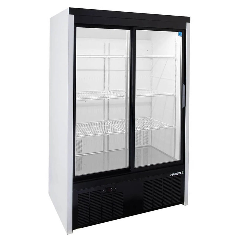 Habco SE40EHC 47-inch wide display refrigerator with double sliding glass doors, white and black cabinet, angled