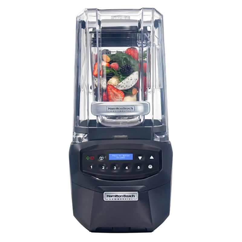 Hamilton Beach HBH855 Summit high performance blender with clear sound enclosure and 48 oz jar of fruit, front