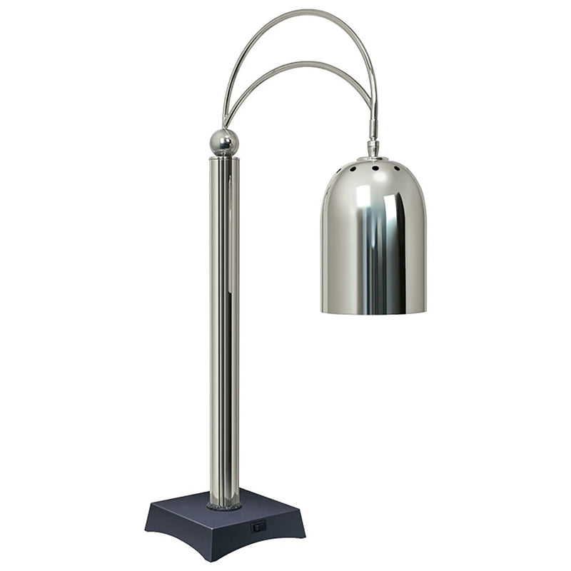 Hatco DCS400-1 electric freestanding heat lamp with polished chrome bulb shade and black base, front view