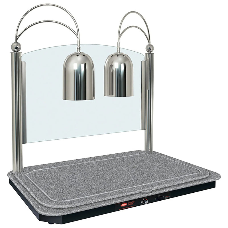 Hatco DCSB400-3624-2 large electric heat lamp with two chrome shades, rectangular heated base and sneeze guards