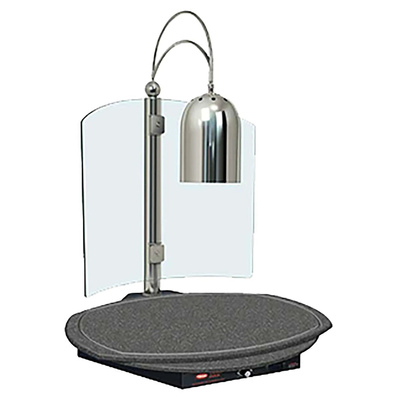 Hatco DCSB400-R24-1 electric heat lamp with round black heated base, chrome shade and glass sneeze guard