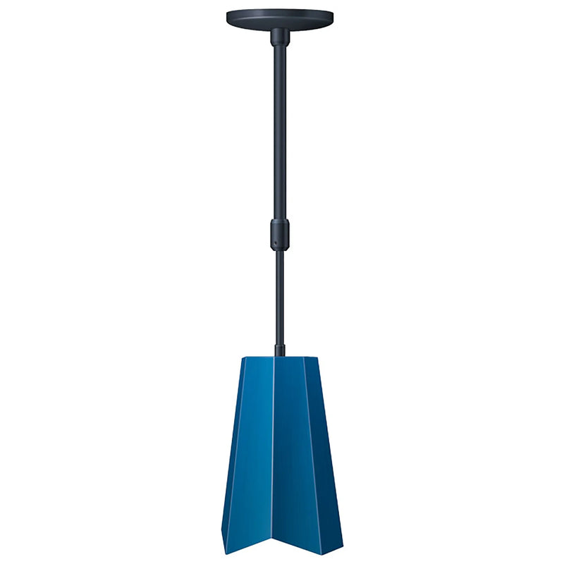 Hatco DL-1400 decorative heat lamp with blue star-shaped shade on a black telescoping rod and ceiling canopy
