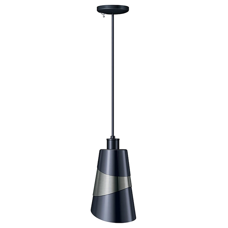 Hatco DL-1500 decorative heat lamp with rigid black stem, black tapered shade with a brushed silver diagonal accent band