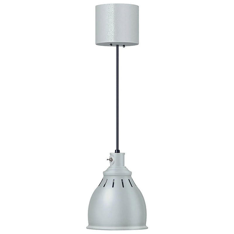 Hatco DL-1600 decorative heat lamp in light gray with vented bell shade hanging from a cord and cylinder canopy