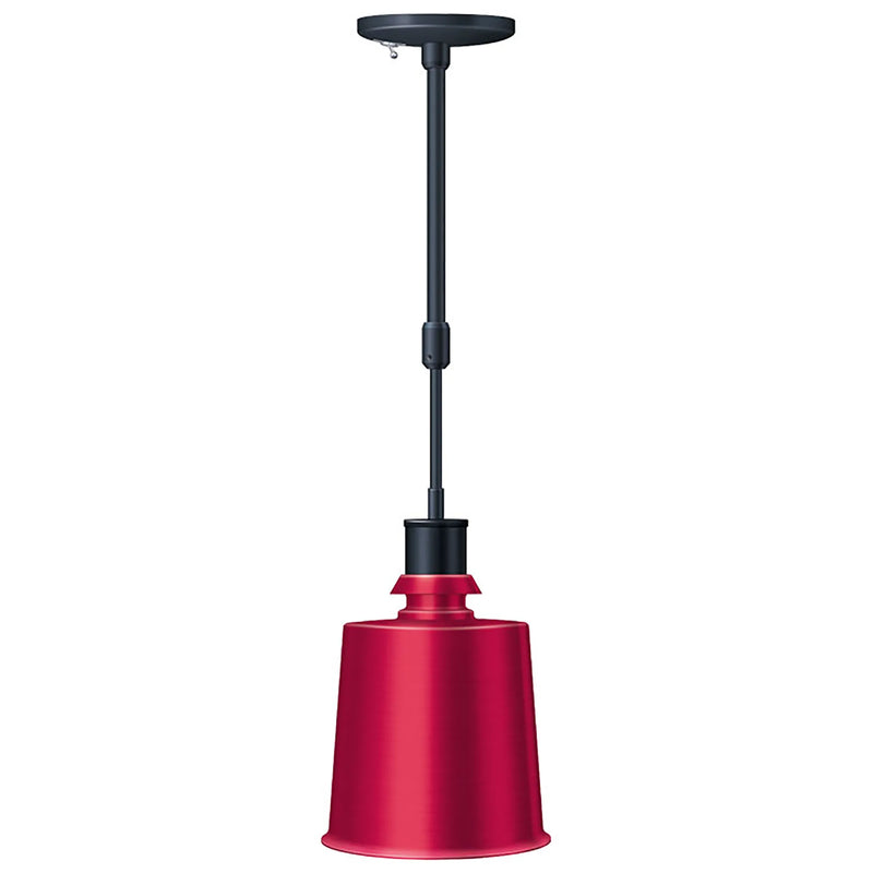 Hatco DL-1700 decorative heat lamp with red drum shade on a black telescoping rod and ceiling canopy, front view