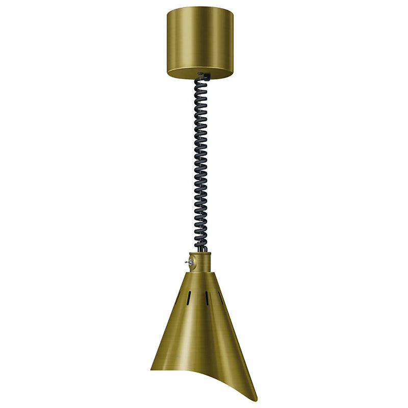 Hatco DL-1800 decorative heat lamp with antique brass cone shade, retractable coiled cord and cylinder canopy