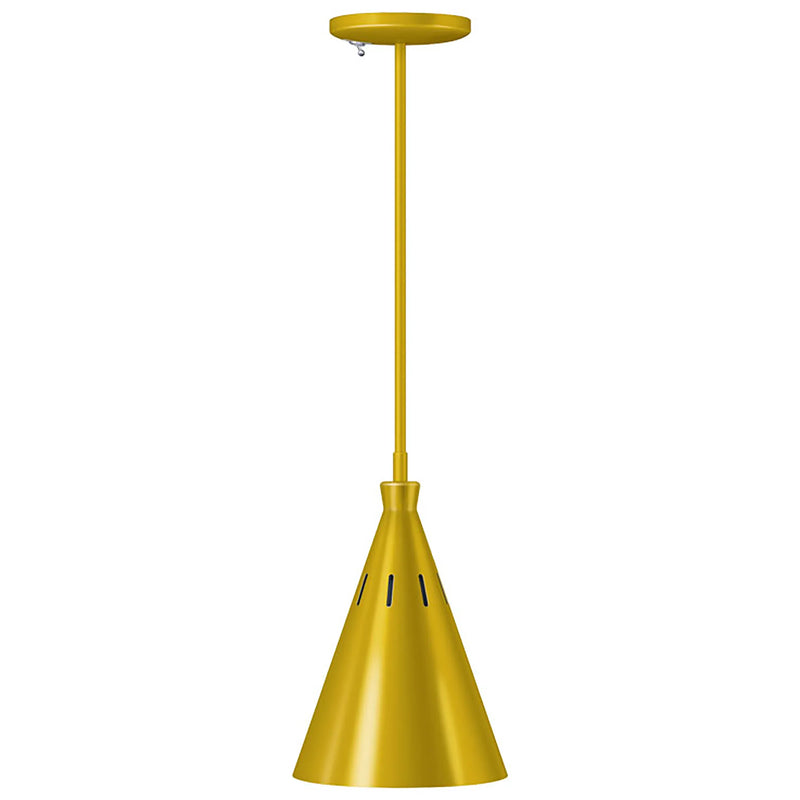 Hatco DL-2200 decorative heat lamp in bright gold with slim cone shade and matching gold ceiling rod, front view