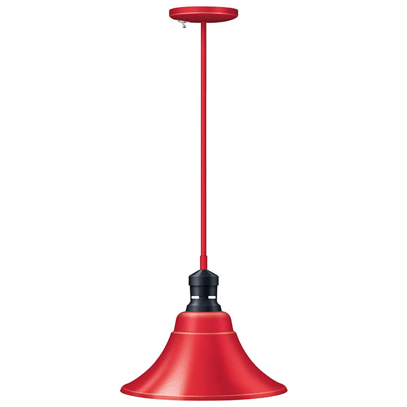 Hatco DL-2400 decorative heat lamp with red bell shade and matching red ceiling rod, pendant mount front view