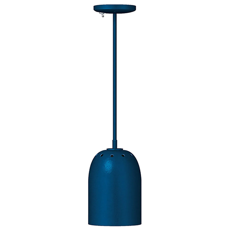 Hatco DL-400 decorative heat lamp with rigid ceiling stem, navy blue cylinder shade with matching navy stem and canopy
