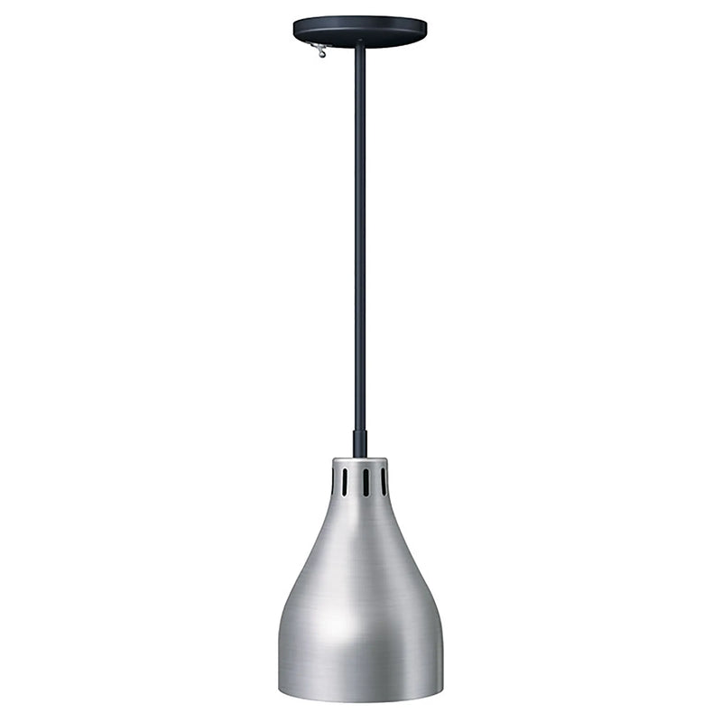 Hatco DL-500 decorative heat lamp with rigid ceiling stem, silver grey cone shade with black stem and black ceiling canopy