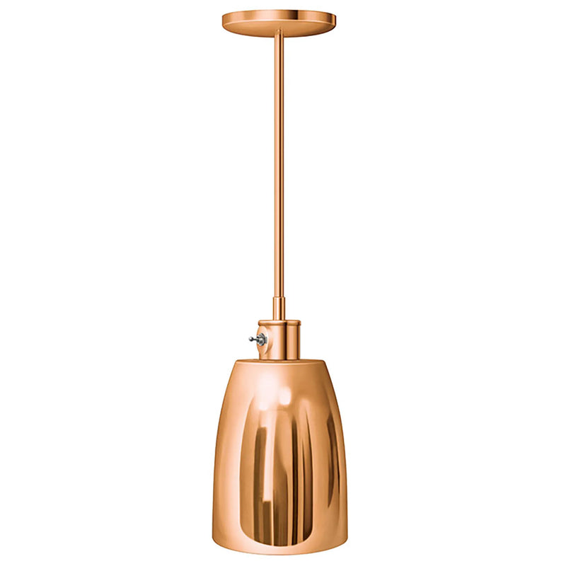 Hatco DL-600 decorative heat lamp with rigid ceiling stem, polished copper tapered shade with matching copper stem and canopy