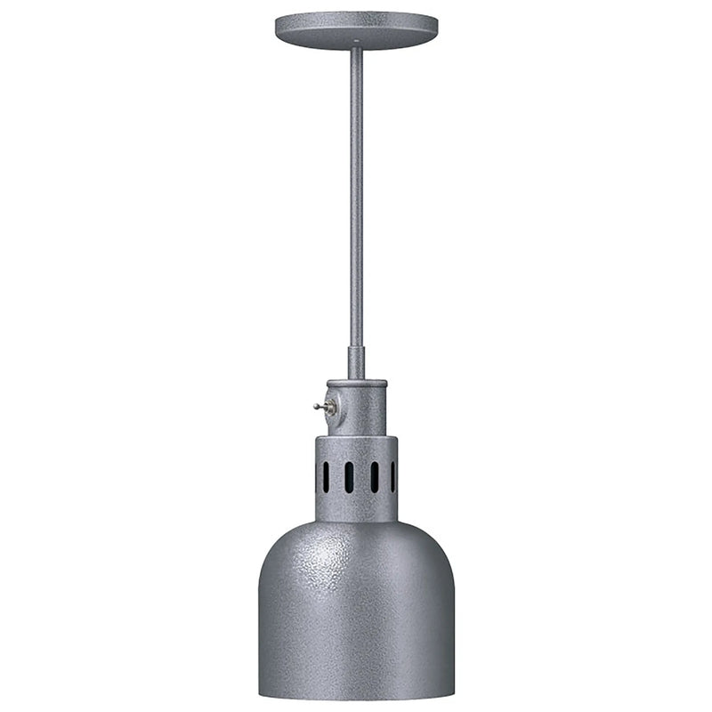 Hatco DL-700 decorative heat lamp with rigid ceiling stem, grey granite textured bell shade with matching grey stem