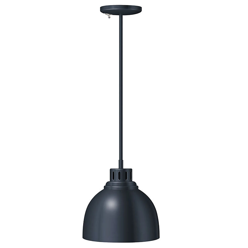 Hatco DL-725 decorative heat lamp with rigid ceiling stem, matte black dome shade with black stem, main product photo