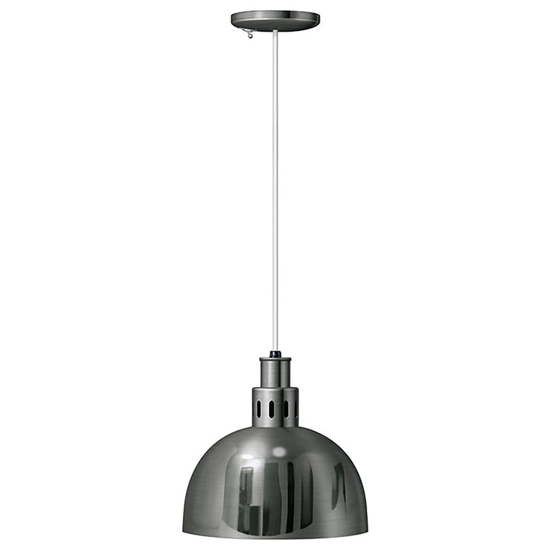 Hatco DL-750 decorative heat lamp in smoked chrome with slotted dome shade hanging from a white cord