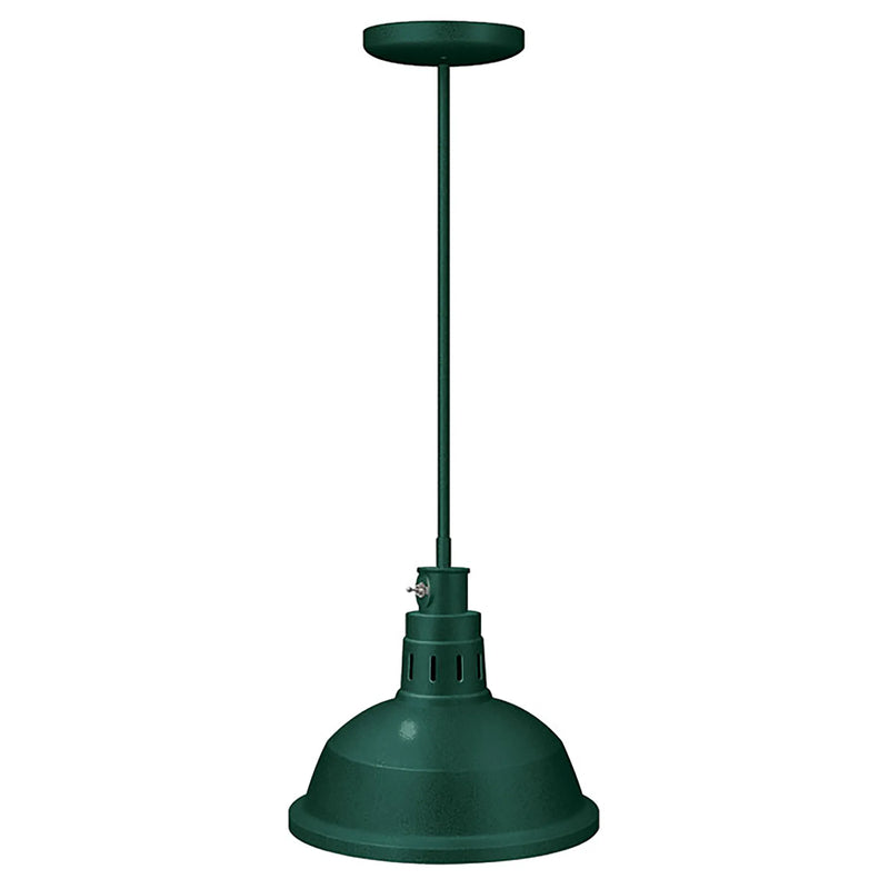 Hatco DL-760 decorative heat lamp in hunter green with flared warehouse-style shade on a rigid ceiling rod