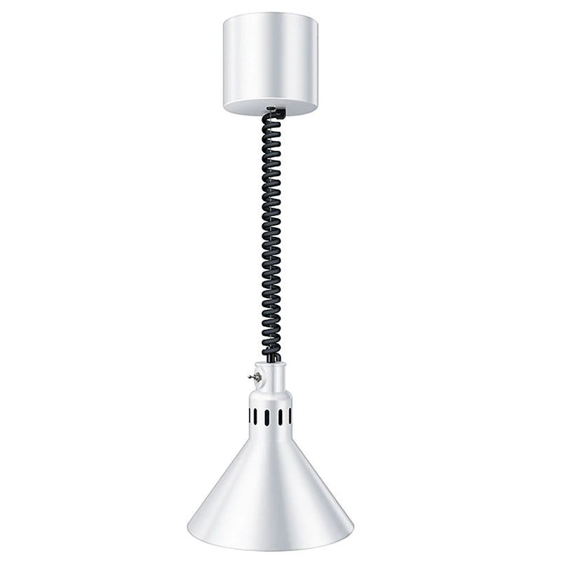 Hatco DL-775 decorative heat lamp in white with cone shade, white cylinder canopy and retractable coiled cord