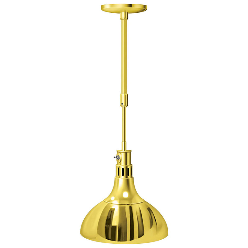 Hatco DL-800 decorative heat lamp in polished bright brass with dome shade and brass telescoping ceiling rod