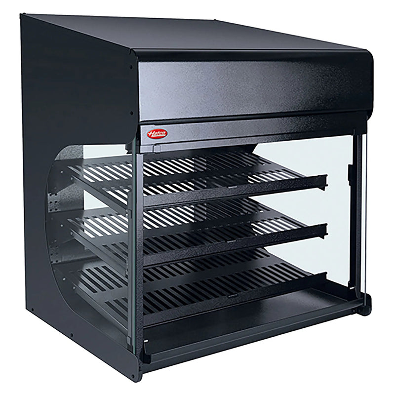 Hatco FS3HAC-3026 heated 30 inch pass through station in black with three slanted wire shelves and glass sides