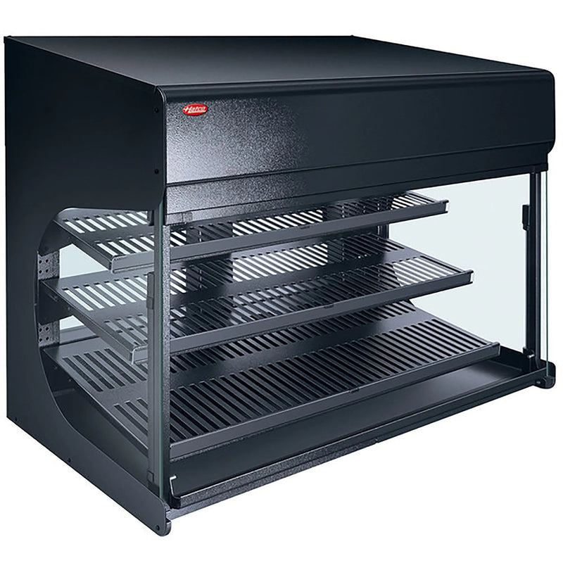 Hatco FS3HAC-4226 heated 42 inch pass through station in black with three slanted wire shelves and glass sides