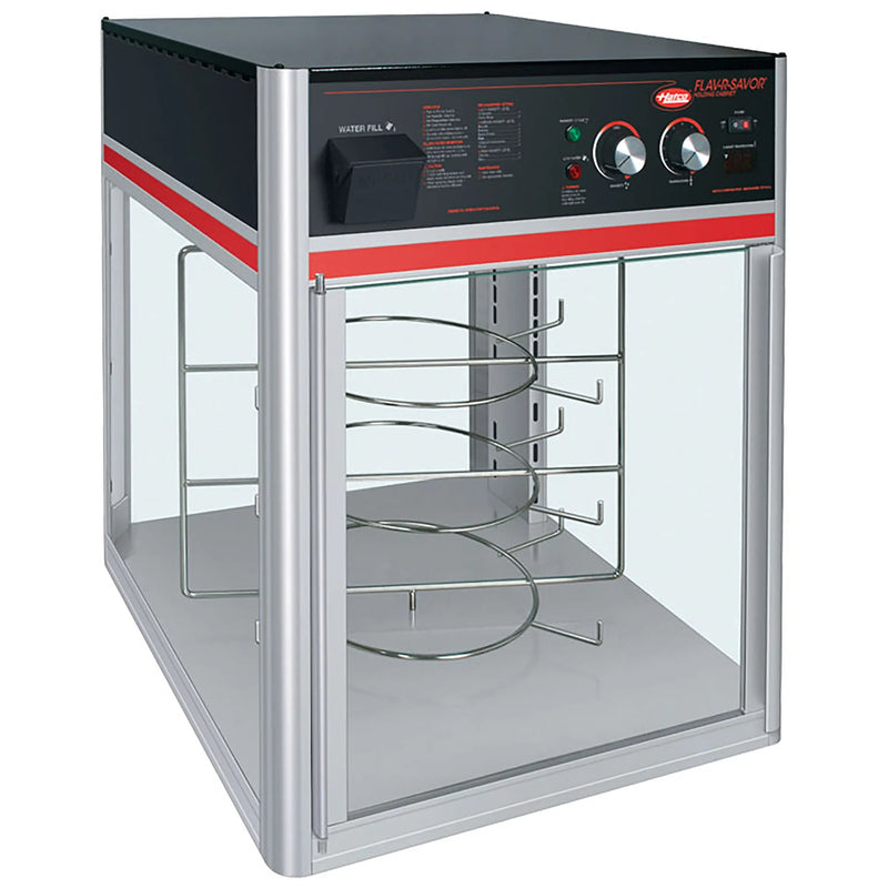 Hatco FSD Series glass display pizza/food warmer with 3 tier rotating circle rack and top dial controls, empty