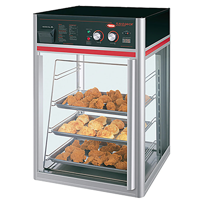 Hatco FSDT-X Series glass display pizza/food warmer with 4 tier fixed pan rack holding fried chicken and dial controls