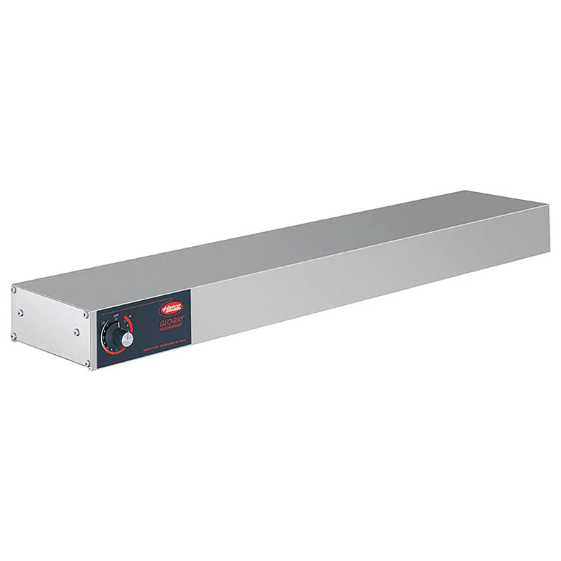 Hatco GRAH-24 high wattage 24 inch electric strip heater in aluminum with infinite control knob, angled front view