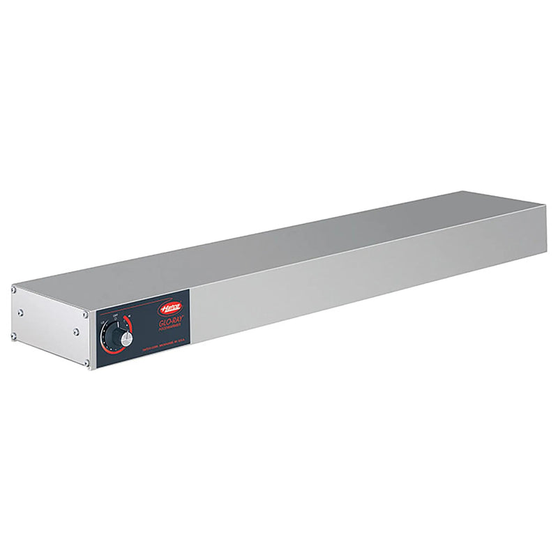 Hatco GRAH-66 high wattage 66 inch electric strip heater in aluminum with infinite control knob, angled front view