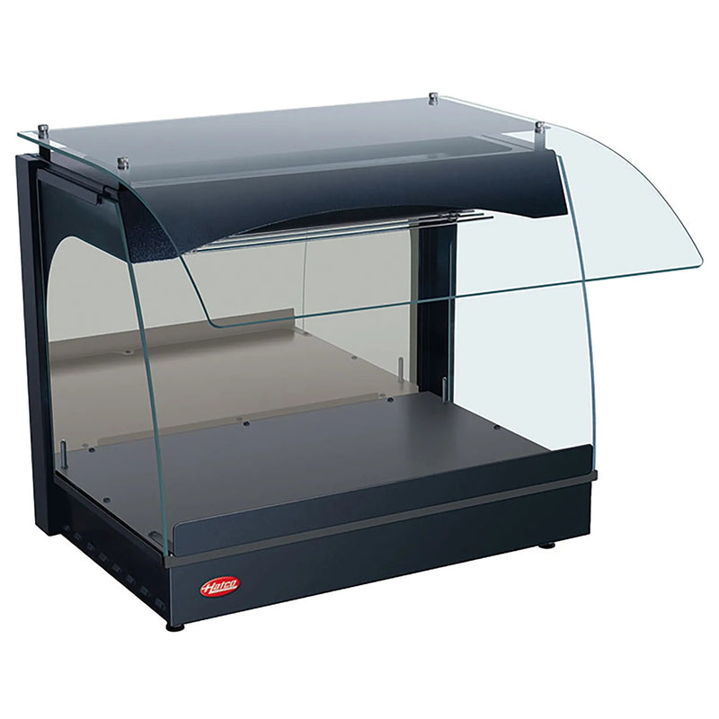 Hatco GRCMW-1 single shelf 22 inch open heater merchandiser in black with curved glass sneeze guard, empty