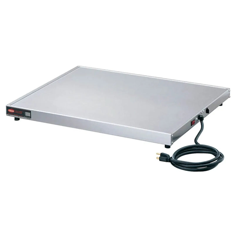 Hatco GRS-36-I countertop 36 inch heated shelf in aluminum with power cord, empty shelf shown at an angle