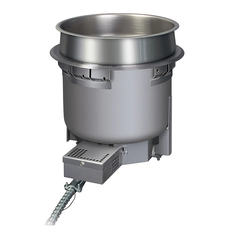 Hatco HWB-7QT 7 quart round drop-in soup warmer in stainless steel with wired control box and conduit, angled view