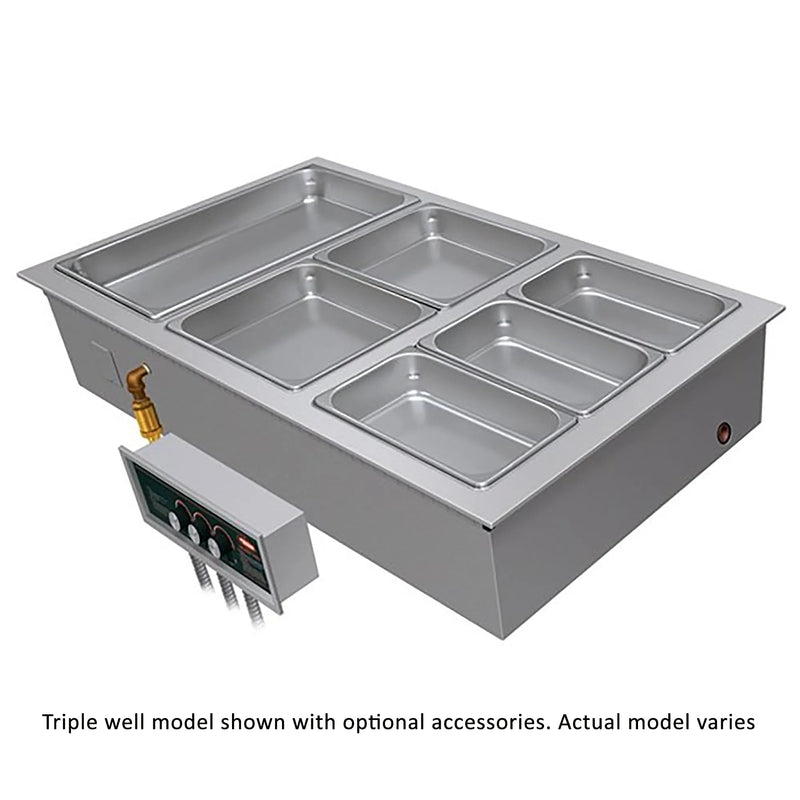 Hatco HWBI-1 drop-in electric food warmer, triple well model with food pans and optional accessories, angled view