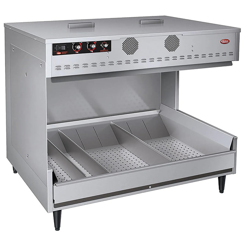 Hatco MPWS-45 multi section 45 inch warming station in stainless steel with top controls and empty wire baskets