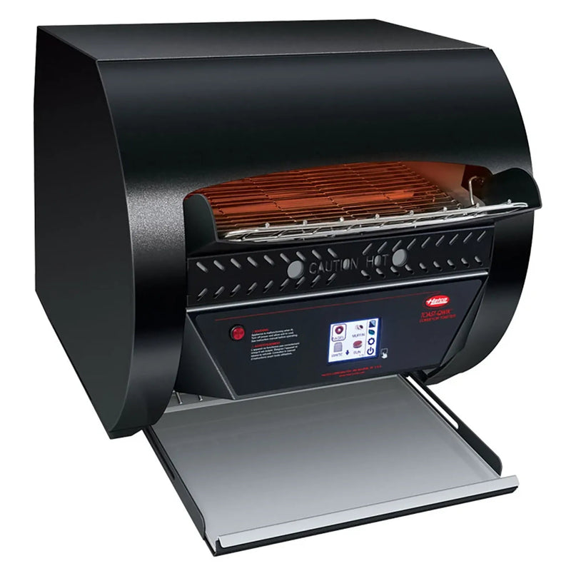 Hatco TQ3-2000H conveyor toaster in black with 3 inch opening, glowing heating elements and stainless landing tray