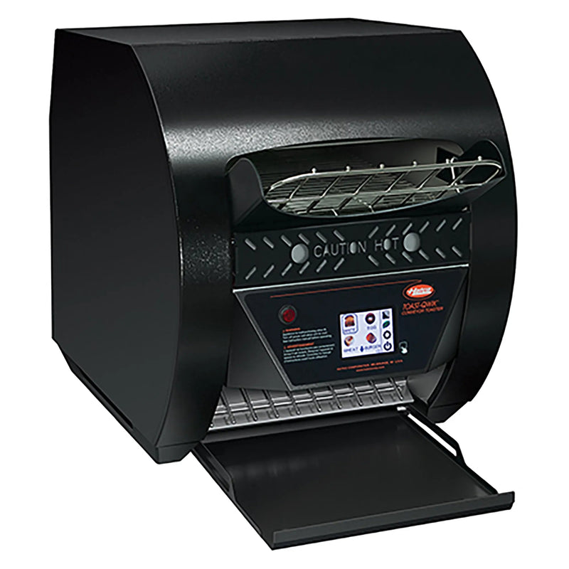 Hatco TQ3-500 conveyor toaster in black with 2 inch opening, touchscreen control panel and front landing tray