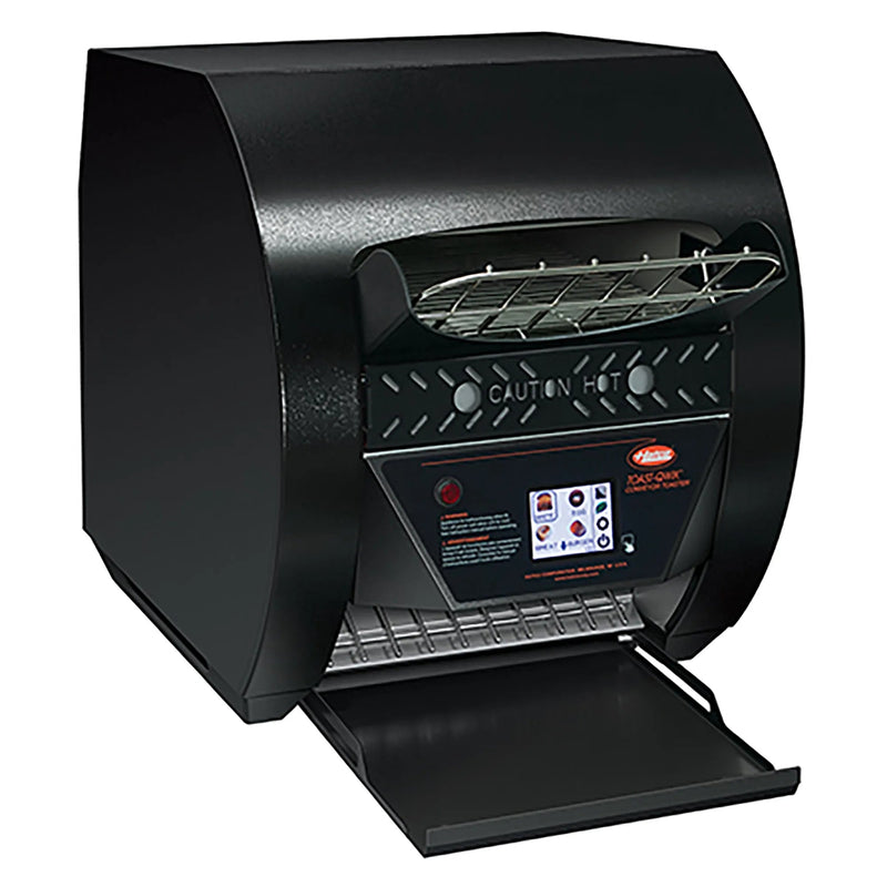 Hatco TQ3-900 conveyor toaster in black with 2 inch opening, touchscreen control panel and front landing tray