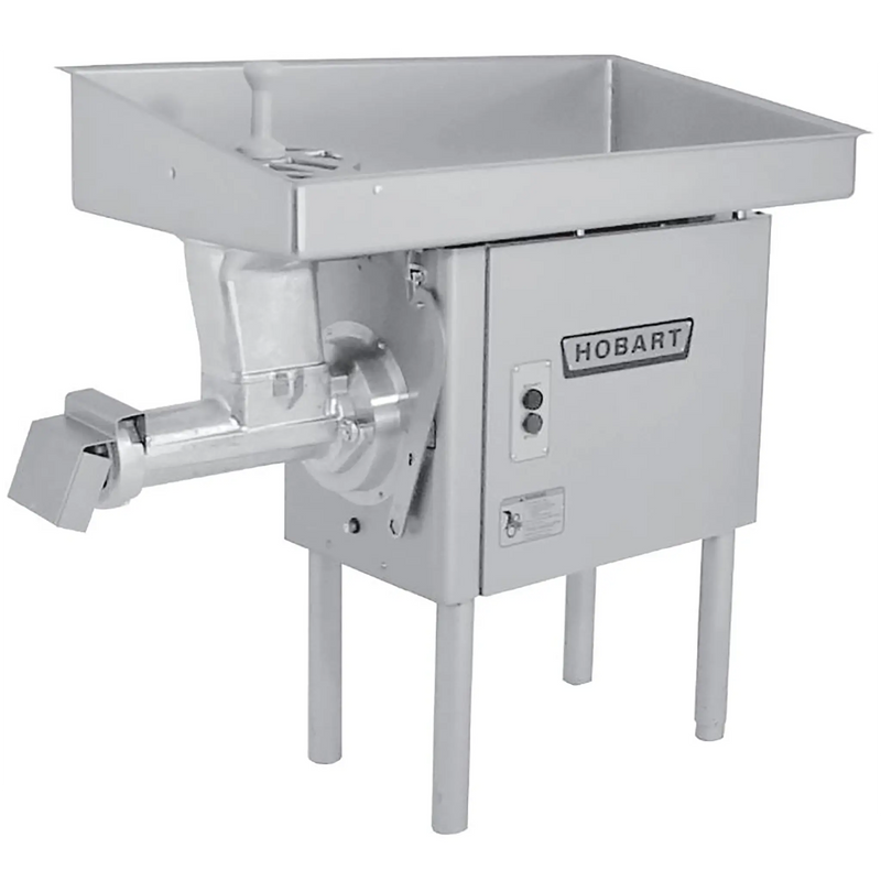 Hobart 4146-19 size 32 meat grinder, stainless steel floor model with wide feed pan and grinding head, angled view