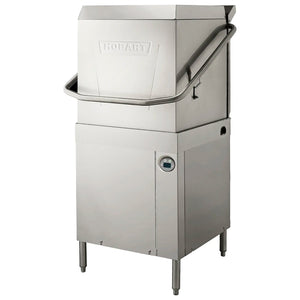 Hobart AM16-BASX-2 high-temp hood type pass through dishwasher, stainless steel with hood lowered, angled view