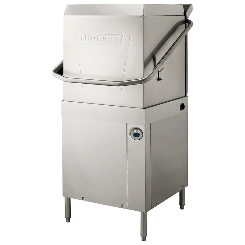 Hobart AM16-BASX-2 high-temp hood type pass through dishwasher, stainless steel with hood lowered, angled view