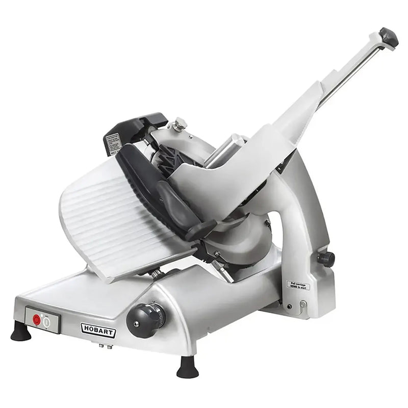 Hobart HS8 Series manual aluminum meat slicer with 13-inch blade, tilted carriage and pusher arm, angled front view