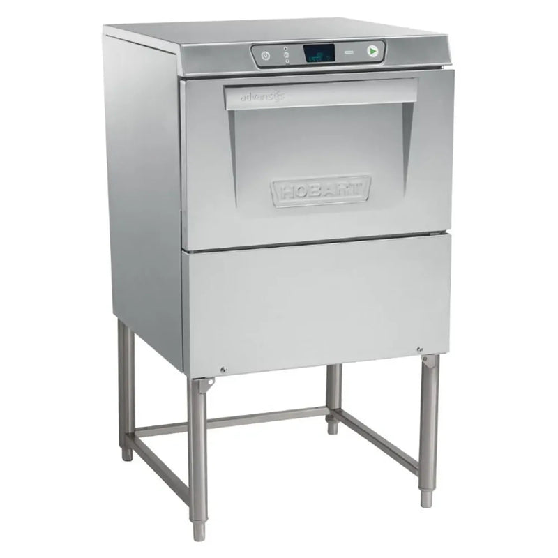 Hobart LXGER-1 under counter glass washer, stainless steel unit on open stand with door closed, angled view