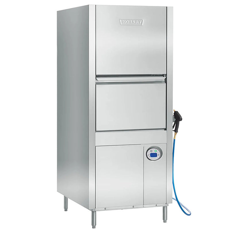 Hobart PW-10 high-temp hood type pot and pan washer, tall stainless steel unit with side hose and controls, angled