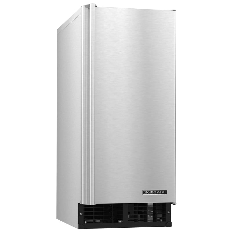 Hoshizaki AM-50BAJ under counter top hat cube ice machine, tall stainless steel cabinet, angled front view
