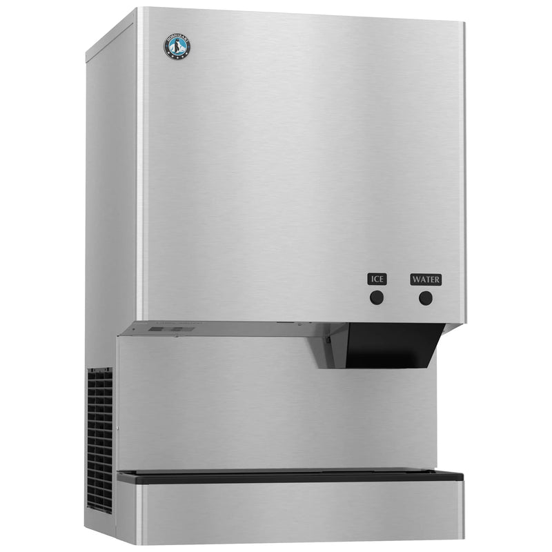 Hoshizaki DCM-300BAK countertop cubelet ice maker and water dispenser in stainless steel, angled front view