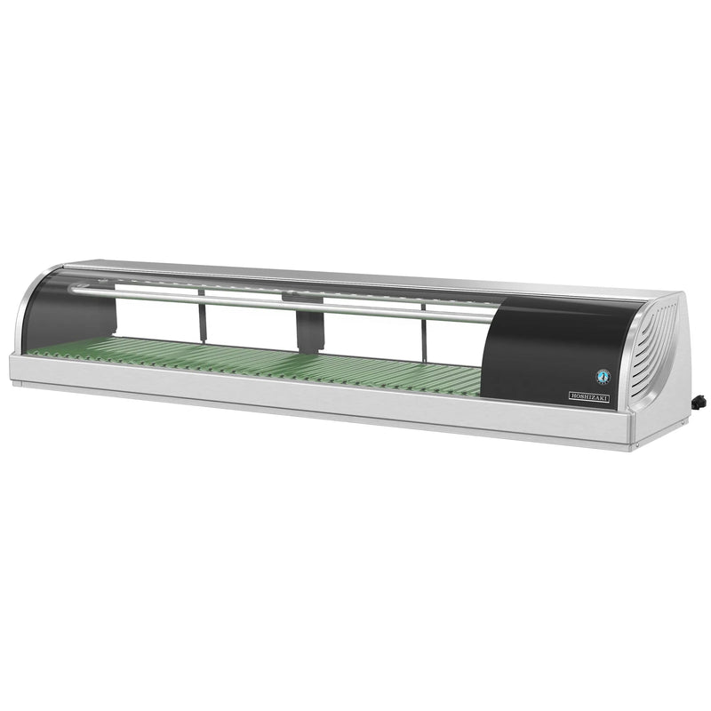 Hoshizaki HNC-150BA-R-SLH 59-inch refrigerated sushi showcase with curved glass, compressor housing on the right